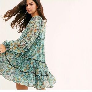 Free People Free Swinging Green Metallic Floral Print Ruffled Mini Dress